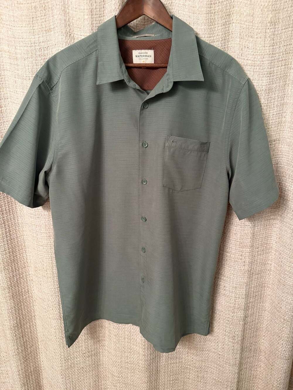Quiksilver Waterman Collection Green Textured Short Sleeve Button-Up Comfort Fit